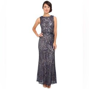 Vince Camuto Gatsby Navy Geometric Sequin Keyhole Back Gown with Fringe Sash